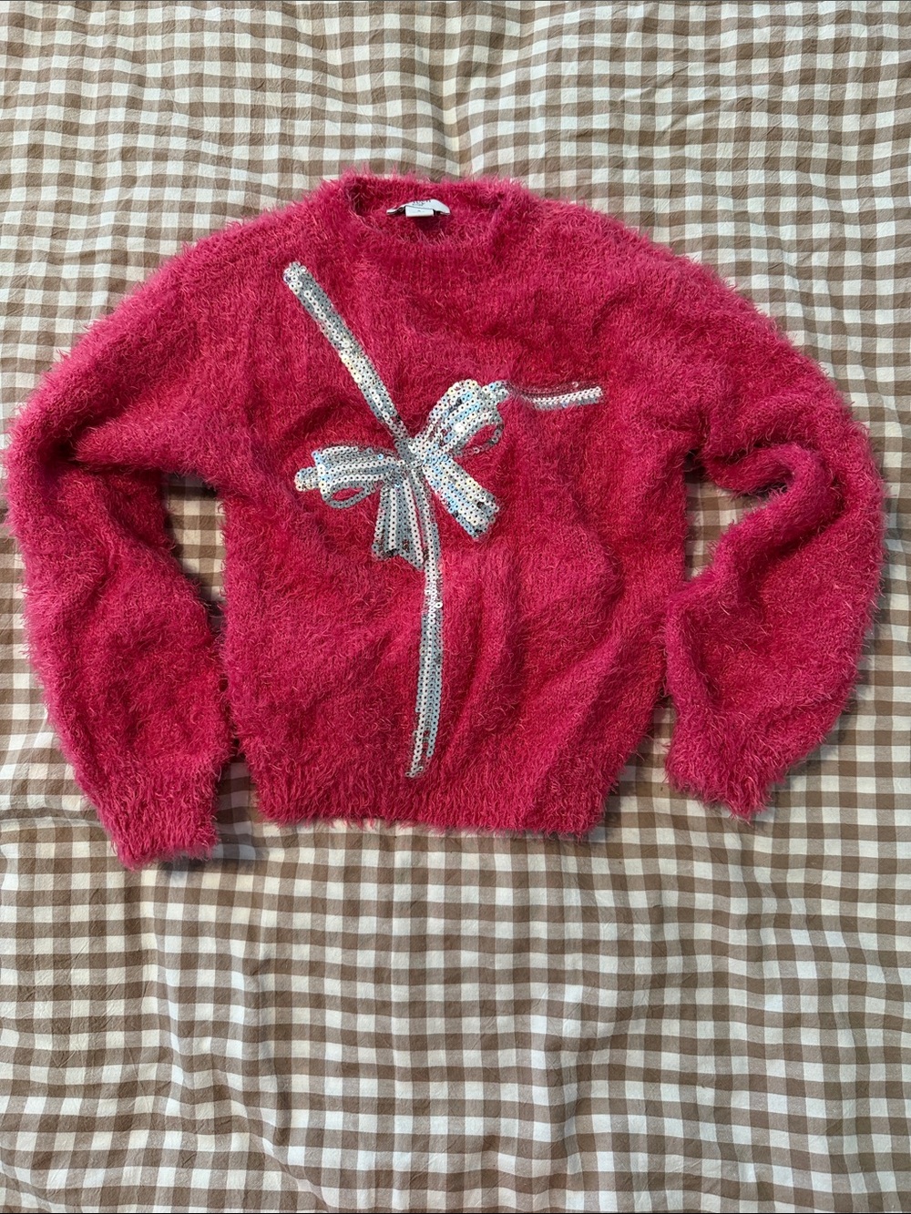 crown & ivy Fuchsia Fuzzy Sweater with Sequined Bow